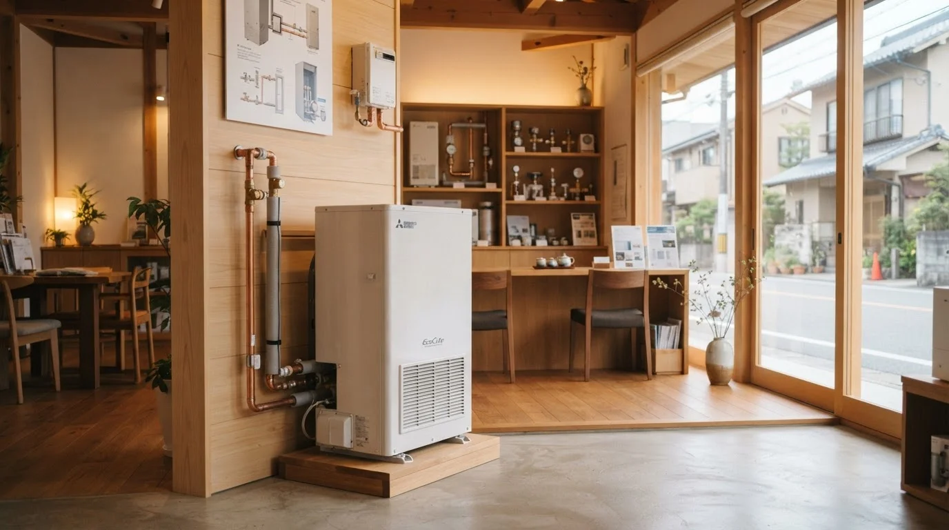 給湯設備のカタログとリモコンを並べて相談するテーブル