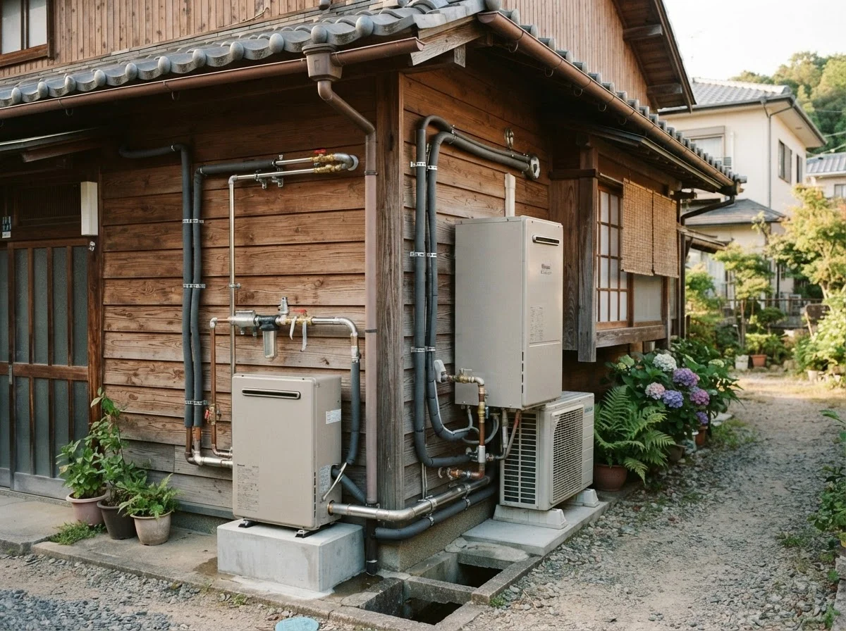 住宅の外壁脇に整然と設置された電気温水器と給水配管