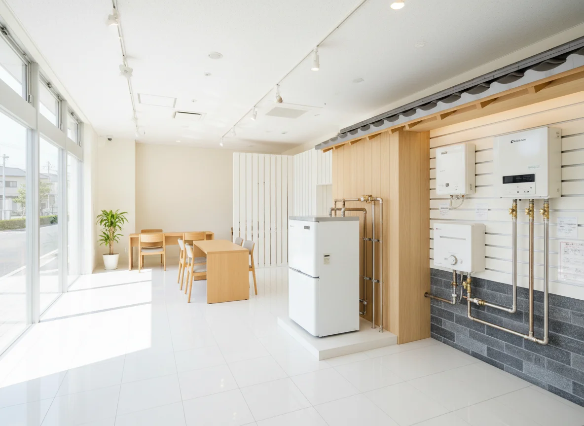 屋外に並ぶハイブリッド給湯器のユニット