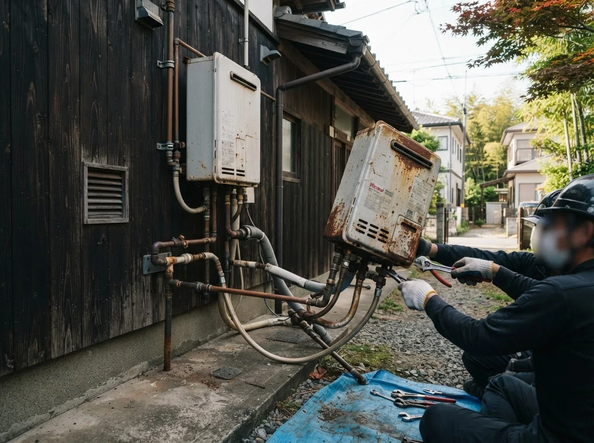 古い給湯器を取り外している住宅の屋外作業